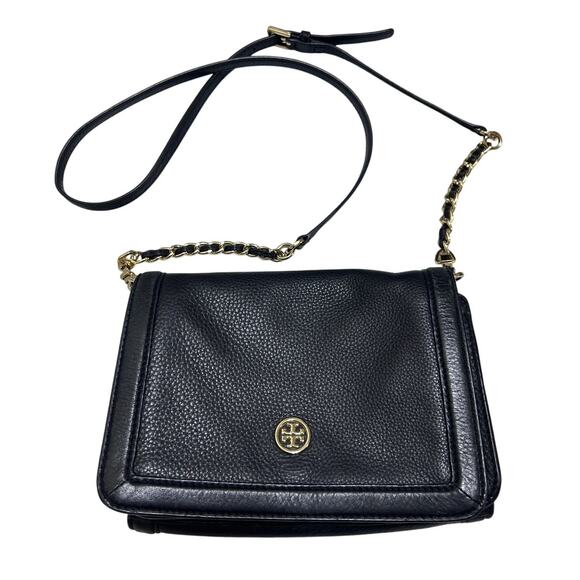 Tory Burch Landon Pebbled Leather Crossbody Wallet Bag Black 6"x8.5" Modern Chic - Picture 1 of 10
